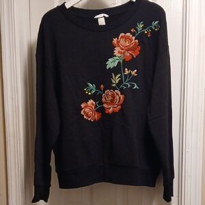 H&M Black Sweater with Red Floral Embroidery